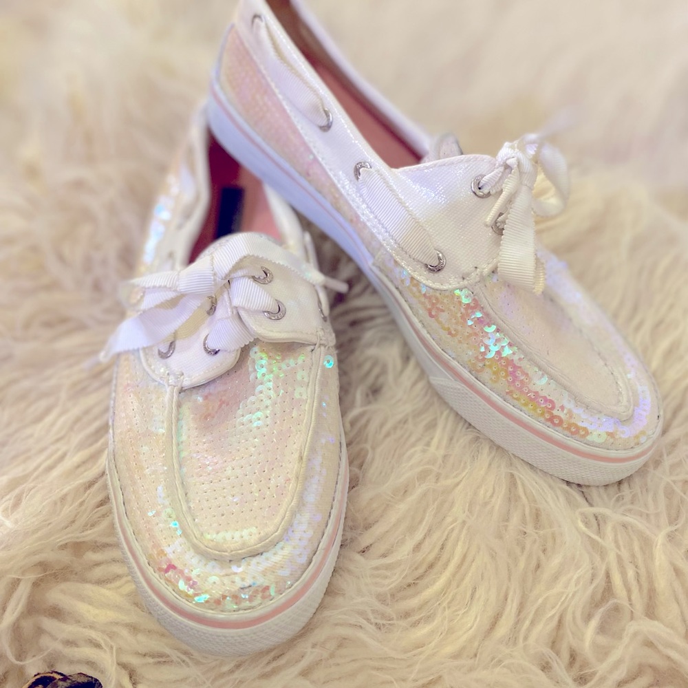 Sperry iridescent sequins white boat shoes women’s 7.5